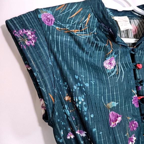 Vintage 70s Shimmer Floral Pleated Dress Cottagecore Fairycore Coquette Midi - Picture 7 of 11